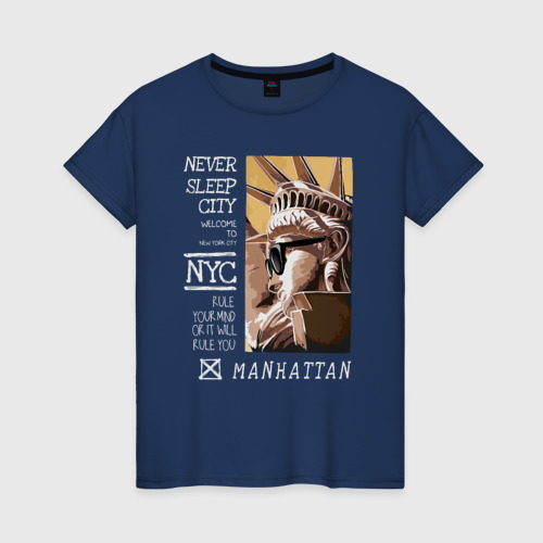 Женская футболка хлопок с принтом New York never sleep city, вид спереди #2