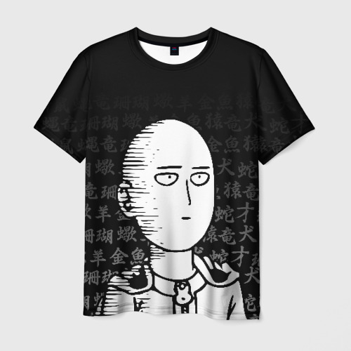 Мужская футболка с принтом Сайтама паттерн иероглифы, вид спереди №1