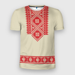 Мужская футболка 3D Slim Рубаха славянская вышиванка бежевая