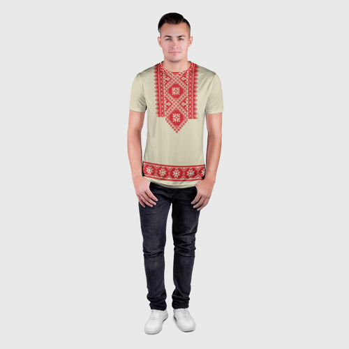Мужская футболка 3D Slim Рубаха славянская вышиванка бежевая, цвет 3D печать - фото 4