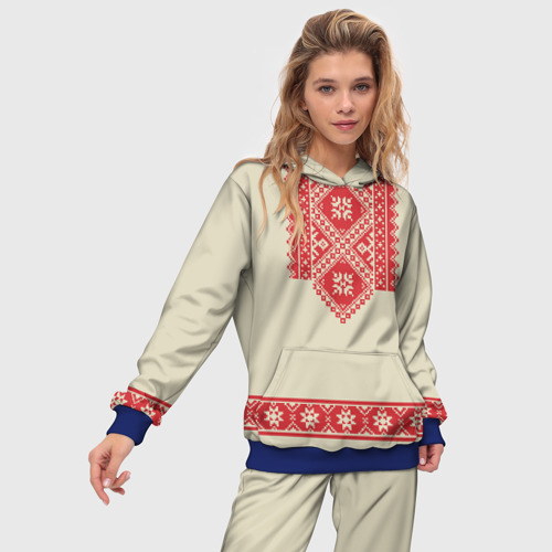 Женский костюм с толстовкой 3D Рубаха славянская вышиванка бежевая, цвет синий - фото 3