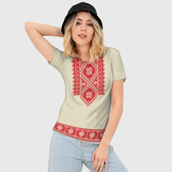 Женская футболка 3D Slim Рубаха славянская вышиванка бежевая - фото 2