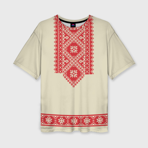 Женская футболка oversize 3D Рубаха славянская вышиванка бежевая, цвет 3D печать
