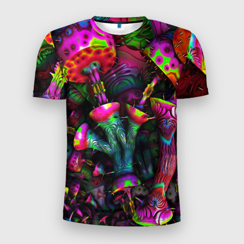 Мужская приталенная футболка с принтом Абстрактные грибы, вид спереди №1