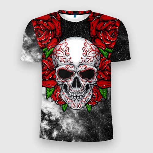 Мужская футболка 3D Slim с принтом Skull and Roses, вид спереди #2