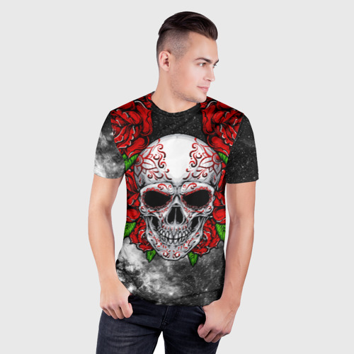 Мужская футболка 3D Slim с принтом Skull and Roses, фото на моделе #1
