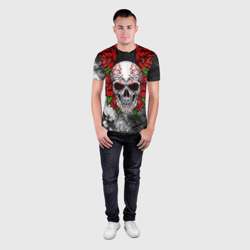 Мужская футболка 3D Slim с принтом Skull and Roses, вид сбоку #3