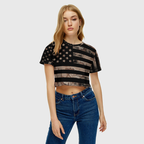 Женская футболка Crop-top 3D American Flag Camo, цвет 3D печать - фото 4