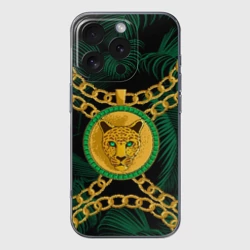 Чехол для iPhone 16 Pro Max силиконовый с защитой камеры Золотой леопард и цепь