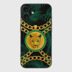 Чехол для iPhone 16 силиконовый с защитой камеры Золотой леопард и цепь
