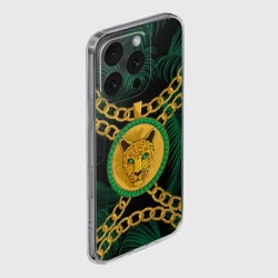 Чехол для iPhone 16 Pro Max силиконовый с защитой камеры Золотой леопард и цепь - фото 2