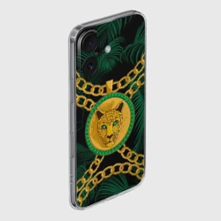 Чехол для iPhone 16 силиконовый с защитой камеры Золотой леопард и цепь - фото 2