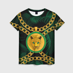 Женская футболка 3D Золотой леопард и цепь