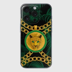 Чехол для iPhone 15 Pro силиконовый с защитой камеры Золотой леопард и цепь