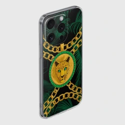 Чехол для iPhone 15 Pro силиконовый с защитой камеры Золотой леопард и цепь - фото 2