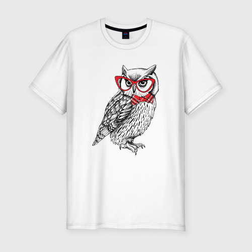 Мужская приталенная футболка из хлопка с принтом Мудрая сова в очках, вид спереди №1