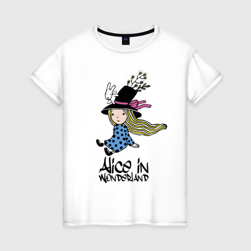 Женская футболка хлопок с принтом Алиса в стране чудес, вид спереди #2