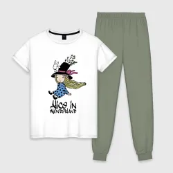 Женская пижама с белой футболкой хлопок Алиса в стране чудес