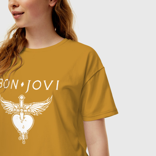 Женская футболка хлопок Oversize Bon Jovi, цвет горчичный - фото 3