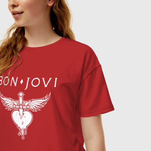 Женская футболка хлопок Oversize Bon Jovi, цвет красный - фото 3