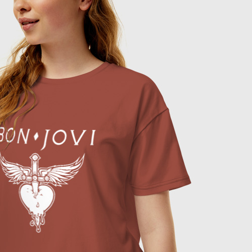 Женская футболка хлопок Oversize Bon Jovi, цвет кирпичный - фото 3