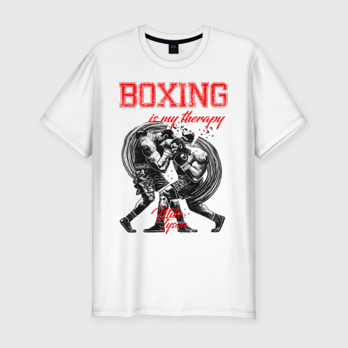 Мужская футболка приталенная из хлопка с принтом Boxing is my therapy, вид спереди №1