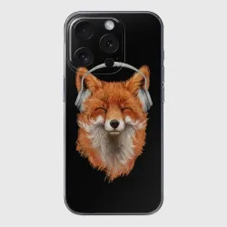 Чехол для iPhone 15 Pro Max силиконовый с защитой камеры Лиса в наушниках