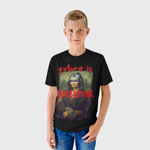 Детская футболка 3D с принтом Cyberpunk Mona Lisa, фото на моделе #1