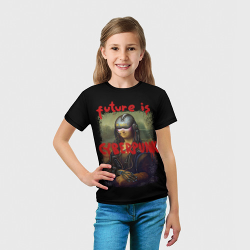 Детская футболка 3D с принтом Cyberpunk Mona Lisa, вид сбоку #3