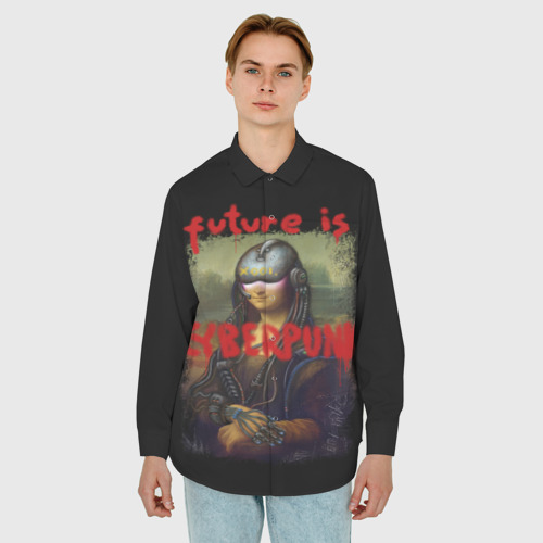 Мужская рубашка oversize 3D с принтом Cyberpunk Mona Lisa, фото на моделе #1