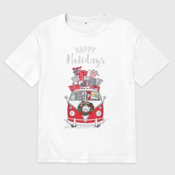 Женская футболка хлопок Oversize Дед Мороз везёт подарки на автомобиле