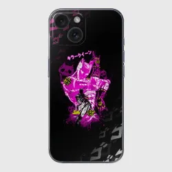 Чехол для iPhone 15 силиконовый с защитой камеры Killer Queen розовый на черной полосе