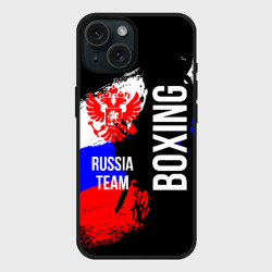 Чехол силиконовый для Apple iPhone 15 матовый Boxing Russia Team и герб РФ