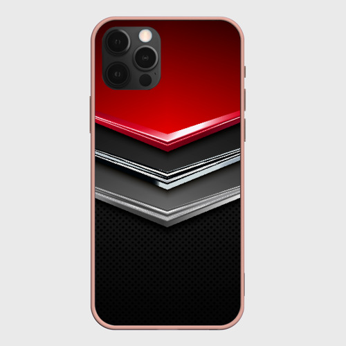 Чехол для iPhone 12 Pro Max с принтом Металлические уголки-стрелки серебристые с красной пластиной, вид спереди #2