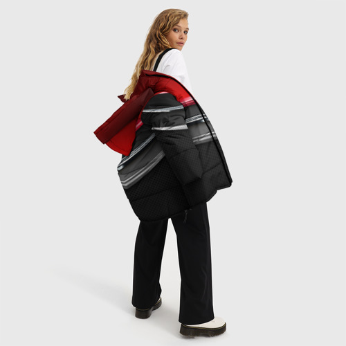 Женская зимняя куртка 3D с принтом Металлические уголки-стрелки серебристые с красной пластиной, вид сбоку #3