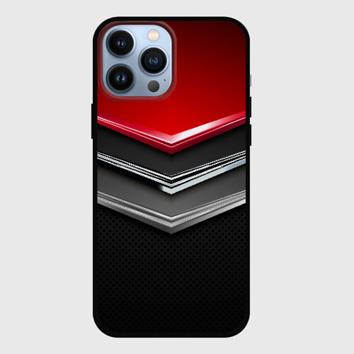 Чехол для iPhone 13 Pro Max с принтом Металлические уголки-стрелки серебристые с красной пластиной, вид спереди #2