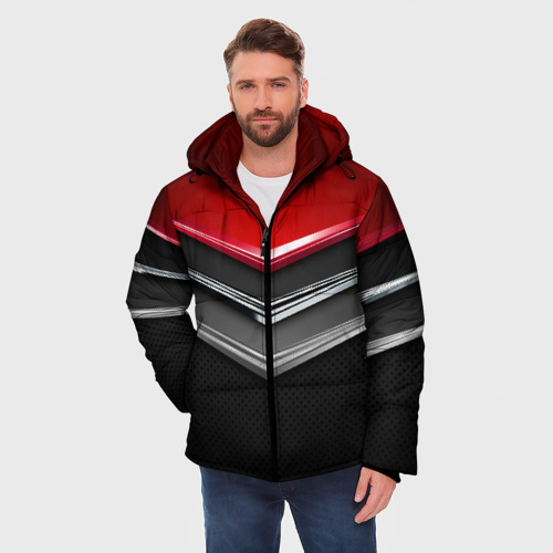 Мужская зимняя куртка 3D с принтом Металлические уголки-стрелки серебристые с красной пластиной, фото на моделе #1