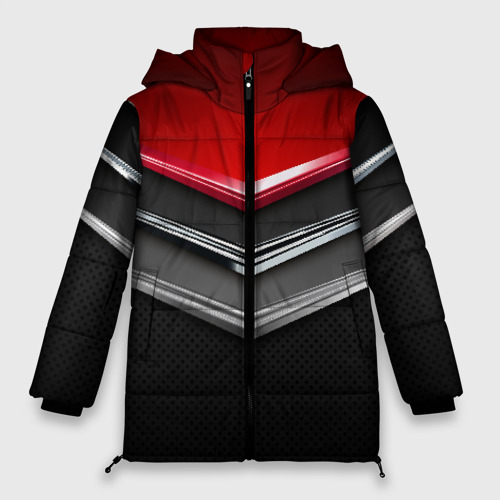 Женская зимняя куртка 3D с принтом Металлические уголки-стрелки серебристые с красной пластиной, вид спереди #2