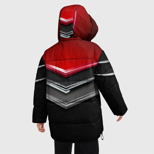 Женская зимняя куртка 3D с принтом Металлические уголки-стрелки серебристые с красной пластиной, вид сзади #2