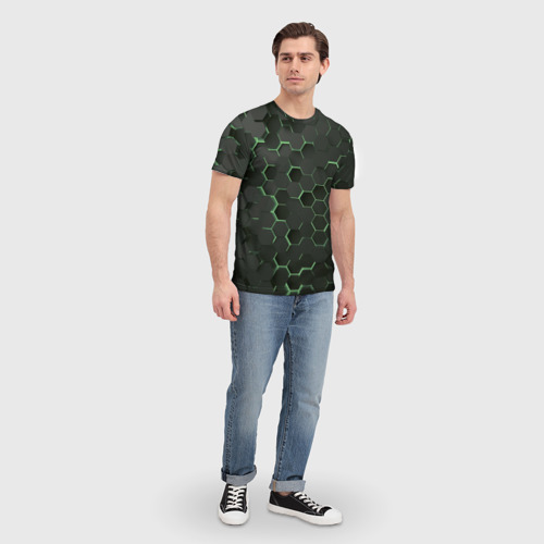 Мужская футболка 3D с принтом Объемные  зеленые соты, вид сбоку #3