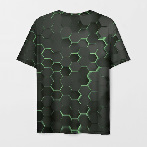 Мужская футболка 3D с принтом Объемные  зеленые соты, вид сзади #1
