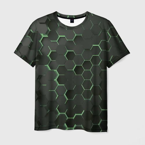 Мужская футболка 3D с принтом Объемные  зеленые соты, вид спереди #2