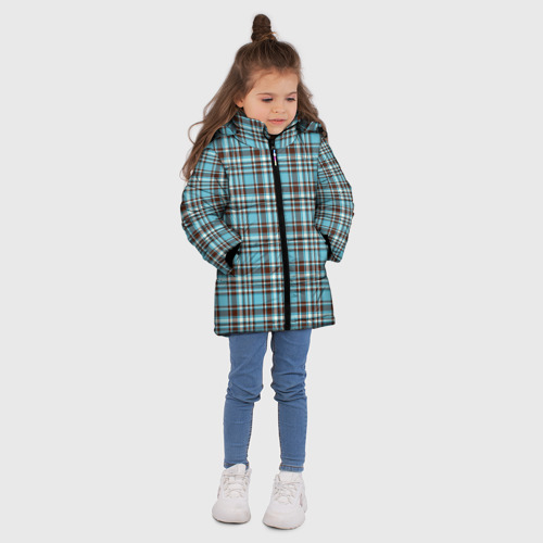 Зимняя куртка для девочек 3D с принтом Клетчатый голубой стиль рубашки, вид сбоку #3