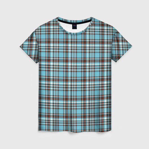 Женская футболка 3D с принтом Клетчатый голубой стиль рубашки, вид спереди #2