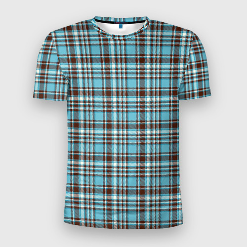 Мужская футболка 3D Slim с принтом Клетчатый голубой стиль рубашки, вид спереди #2