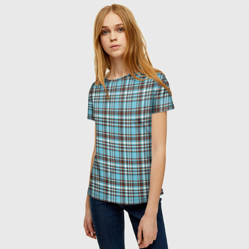 Женская футболка 3D с принтом Клетчатый голубой стиль рубашки, фото на моделе #1