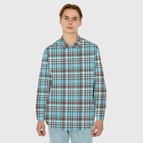 Мужская рубашка oversize 3D с принтом Клетчатый голубой стиль рубашки, фото на моделе #1