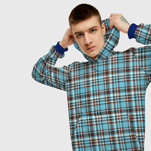 Мужская толстовка 3D с принтом Клетчатый голубой стиль рубашки, вид сбоку #3