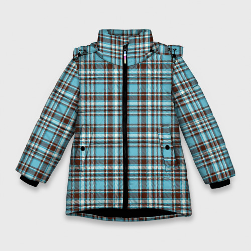 Зимняя куртка для девочек 3D с принтом Клетчатый голубой стиль рубашки, вид спереди #2