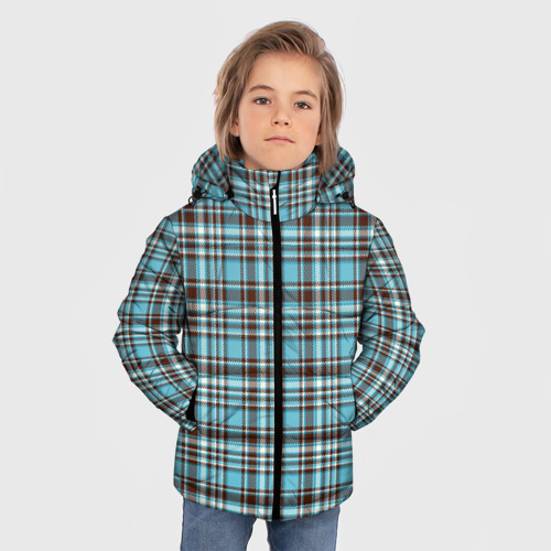 Зимняя куртка для мальчиков 3D с принтом Клетчатый голубой стиль рубашки, фото на моделе #1
